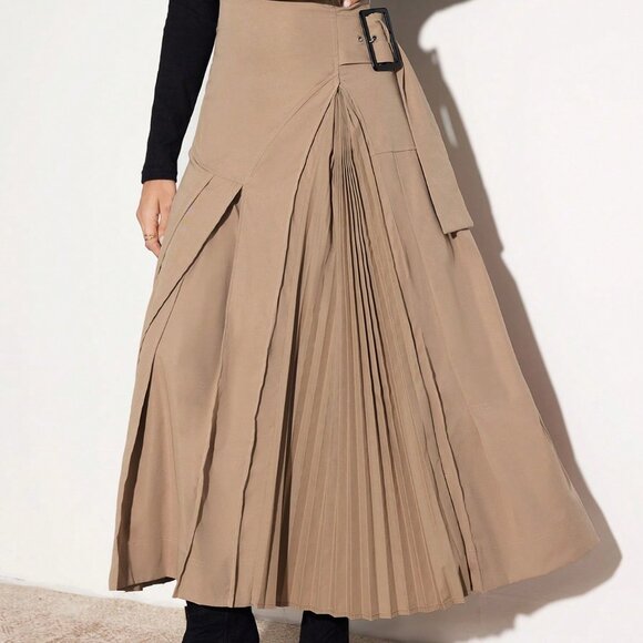 Khaki Elegant Women's Buckle Strap Pleated Skirt - Picture 7 of 7